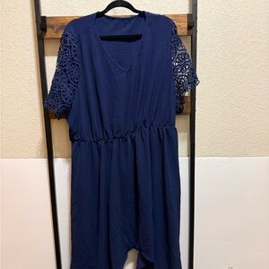 Elegant Navy Blue Dress with Lace Sleeves